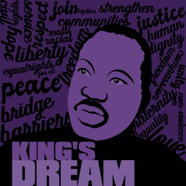 Dr. Martin Luther King, Jr., tipografik tasarım arka ve ön rüyanda ifade Kral'ın mor bir soyut vektör siluet çizim