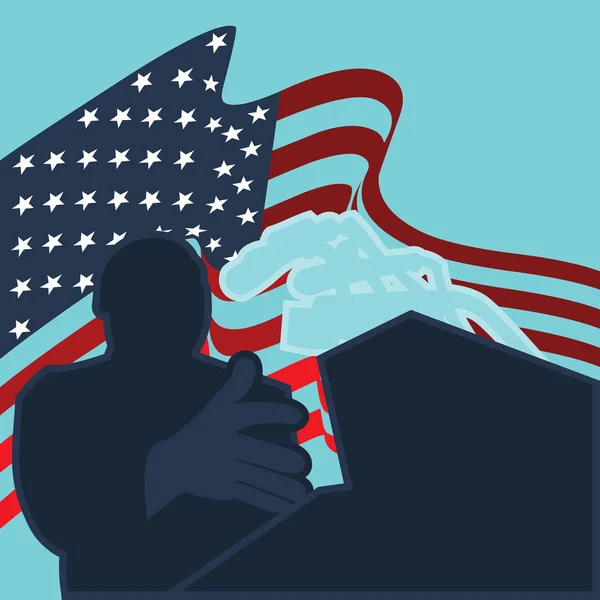 小马丁 金博士的矢量剪影插图 在背景上与美利坚合众国国旗发表演讲 — 图库矢量图片