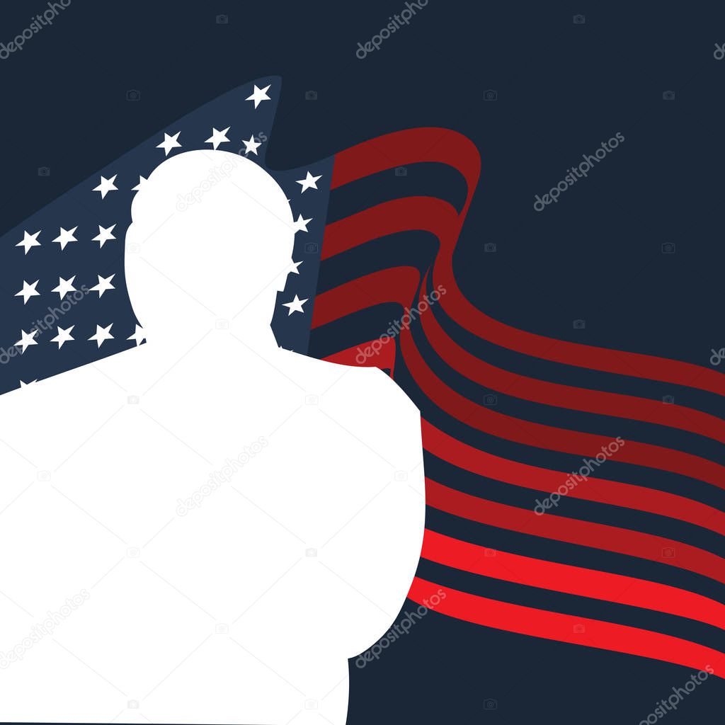 A vector standing silhouette illustration of Dr. Martin Luther King, Jr., with the United States of America National Flag on the background
