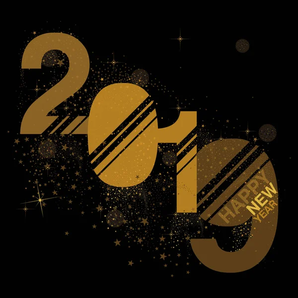 Black Gold 2019 New Year Numerals Designed Stars Sparkles — Stock Vector