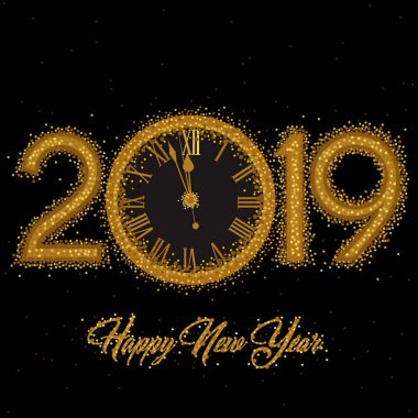 Altın saat 12 saat 2019 New Year's Eve o'siyah bir arka plan için geri sayım gösteren