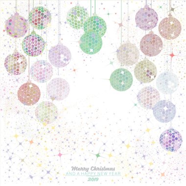Altıgen multi renk disco topları ile yıldızlar ve 2019 Noel ve yeni yıl sezon için beyaz bir arka plan üzerinde parıldıyor