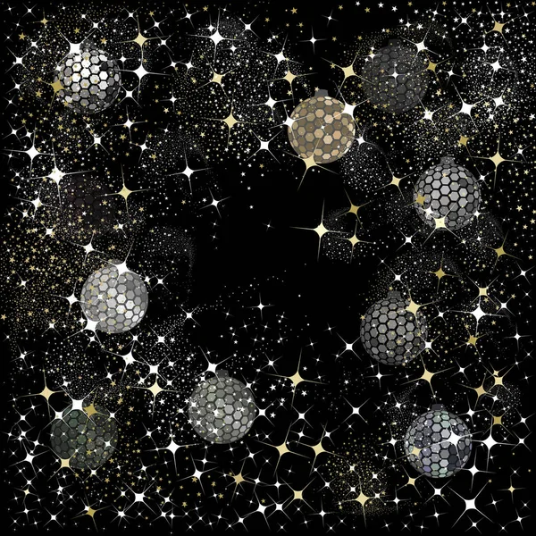 Bolas Disco Negro Plata Hexagonal Con Estrellas Destellos Sobre Fondo — Vector de stock