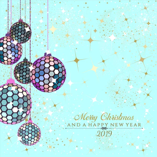 Hexagon Disco Balls Iridescent Gold Stars Sparkles Teal Trendy Background — Stock Vector