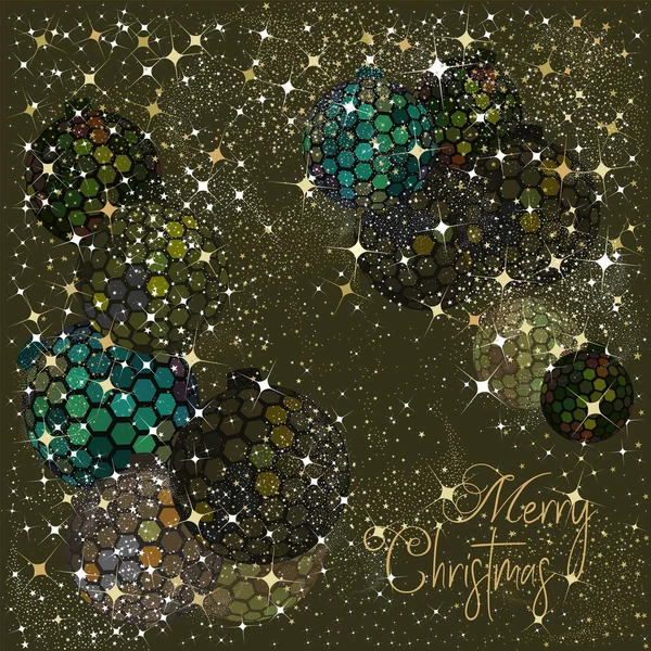 Hexagon Disco Balls Stars Sparkles Olive Green Background Christmas New — Stock Vector