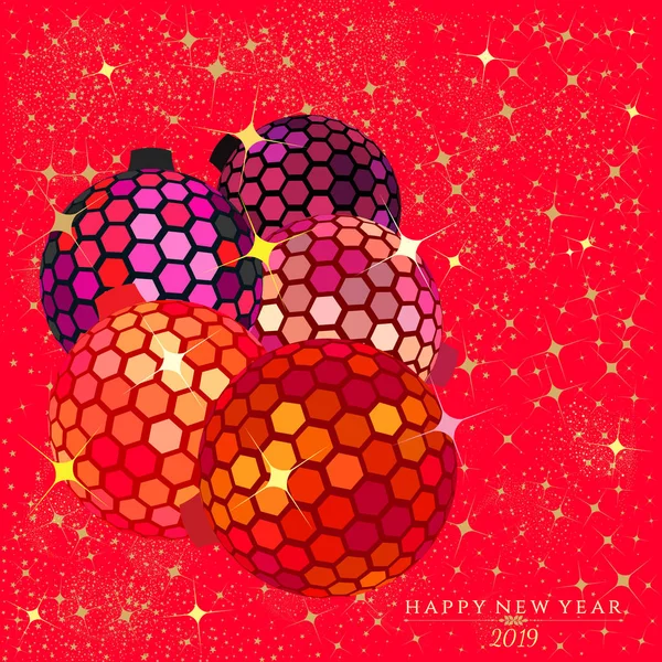 Hexagon Disco Balls Stars Sparkles Bright Red Color Background Christmas — Stock Vector