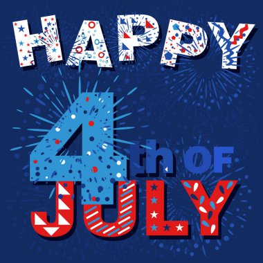 Ulusal bayrak renkleriyle donanma mavisi arka planında 4 Temmuz 2020 soyut bir vektör çizimi