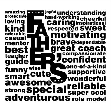 A black and white vector typographic poster with a tag cloud on Happy Father's Day