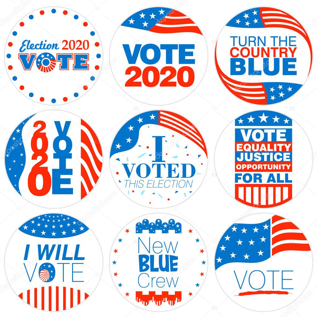 Set of nine Election campaign badges in United States of America patriotic flag colors for 2020 on an isolated white background