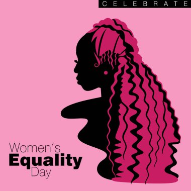 An abstract vector illustration of a single African American woman with curly long hairstyle in three quarter profile view on a pink isolated background for Women's Equality Day  clipart