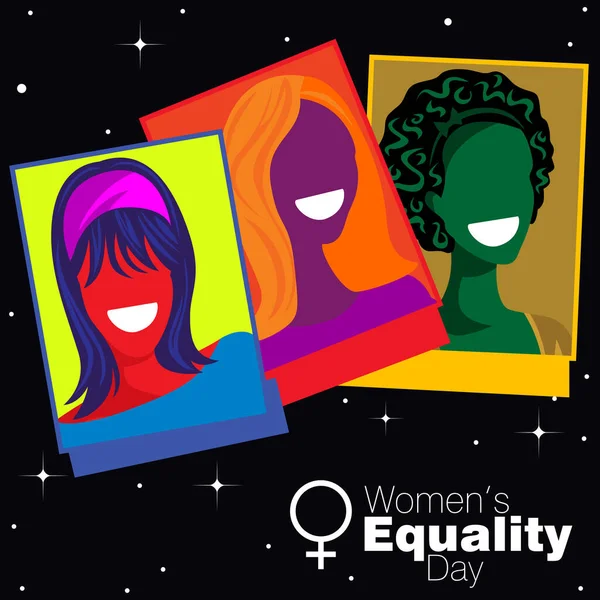 女性の平等の日のための黒の星の孤立した背景に正面から見た3人のスーパースターの女性の抽象的なベクトル図 — ストックベクタ