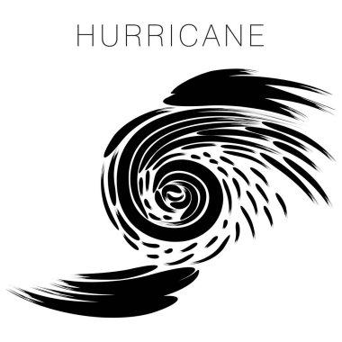 İzole edilmiş beyaz arka planda siyah renkli tek bir kasırganın soyut bir fırça darbesi çizimi