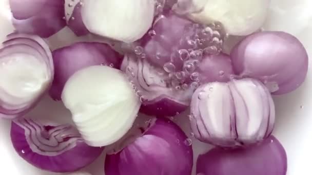 Pouring Water Few Cut Red Onions Bubbles Formed Isolated White — Stock Video