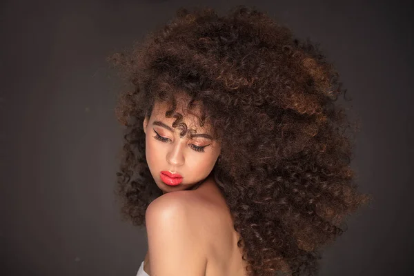 Beauty Portrait Attractive African American Woman Long Afro Hairstyle Glamour — Stock Photo, Image