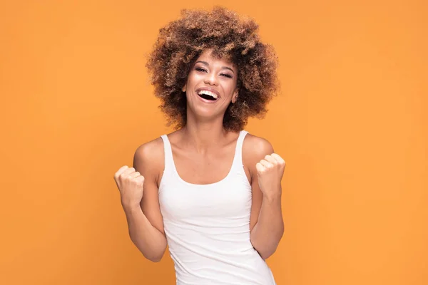 What Success Beautiful Happy African American Woman Celebrating Victory Posing — Stock Photo, Image