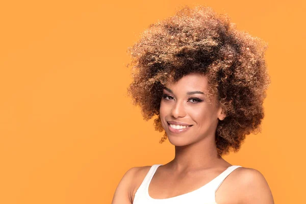 Beautiful Young African American Woman Smiling Looking Camera Posing Yellow — Stock Photo, Image