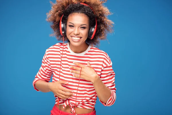 Adorable African American Woman Red Headphones Laughing Out Loud Blue — Stock Photo, Image