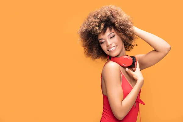 Adorable African American Woman Red Headphones Laughing Out Loud Yellow — Stock Photo, Image