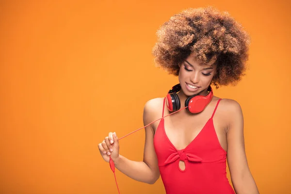 Adorable African American Woman Red Headphones Laughing Out Loud Yellow — Stock Photo, Image