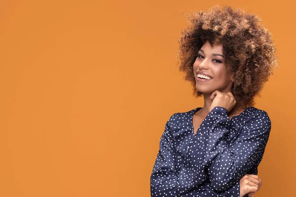 Lycklig Vackra Afroamerikanska Kvinna Poserar Fashionabla Prickig Klänning Leende Stående — Stockfoto
