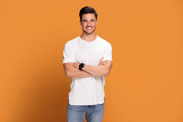 Photo Handsome Young Man Beautiful Big White Toothy Smile Posing — Stock Photo, Image
