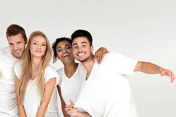 Group Young Multi Ethnic Attractive People Wearing White Shirts Smiling — Stock Photo, Image