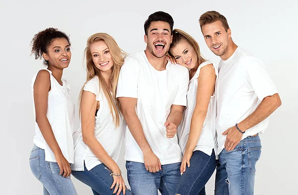 Gruppo Giovani Multietnici Attraenti Che Indossano Camicie Bianche Sorridono Divertono — Foto Stock
