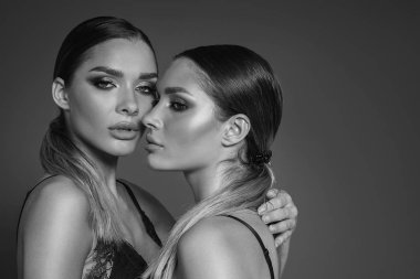 Güzellik ve kadınlık kavramı. İki çekici cazibe makyaj kadınların ikizler. Portre fotoğraf.