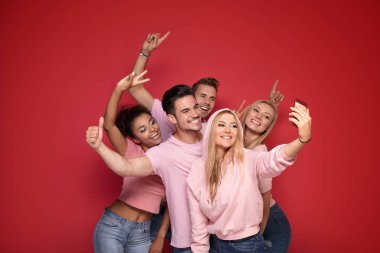 Bir grup genç insan zevk onların şirket, gülümseyerek, birlikte, cep telefonuyla selfie alarak eğleniyor.