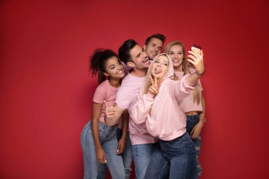 Bir grup genç insan zevk onların şirket, gülümseyerek, birlikte, cep telefonuyla selfie alarak eğleniyor.