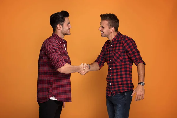 Two Young Handsome Men Shaking Hands Looking Eachother Studio Shot — Stock Photo, Image