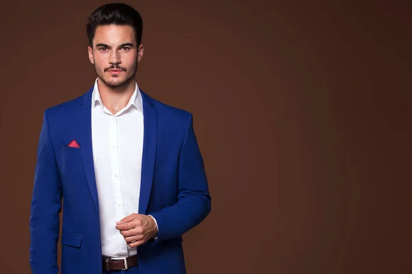 Elegant Young Man Expensive Fashionable Suit Posing Studio Looking Camera — Stock Photo, Image