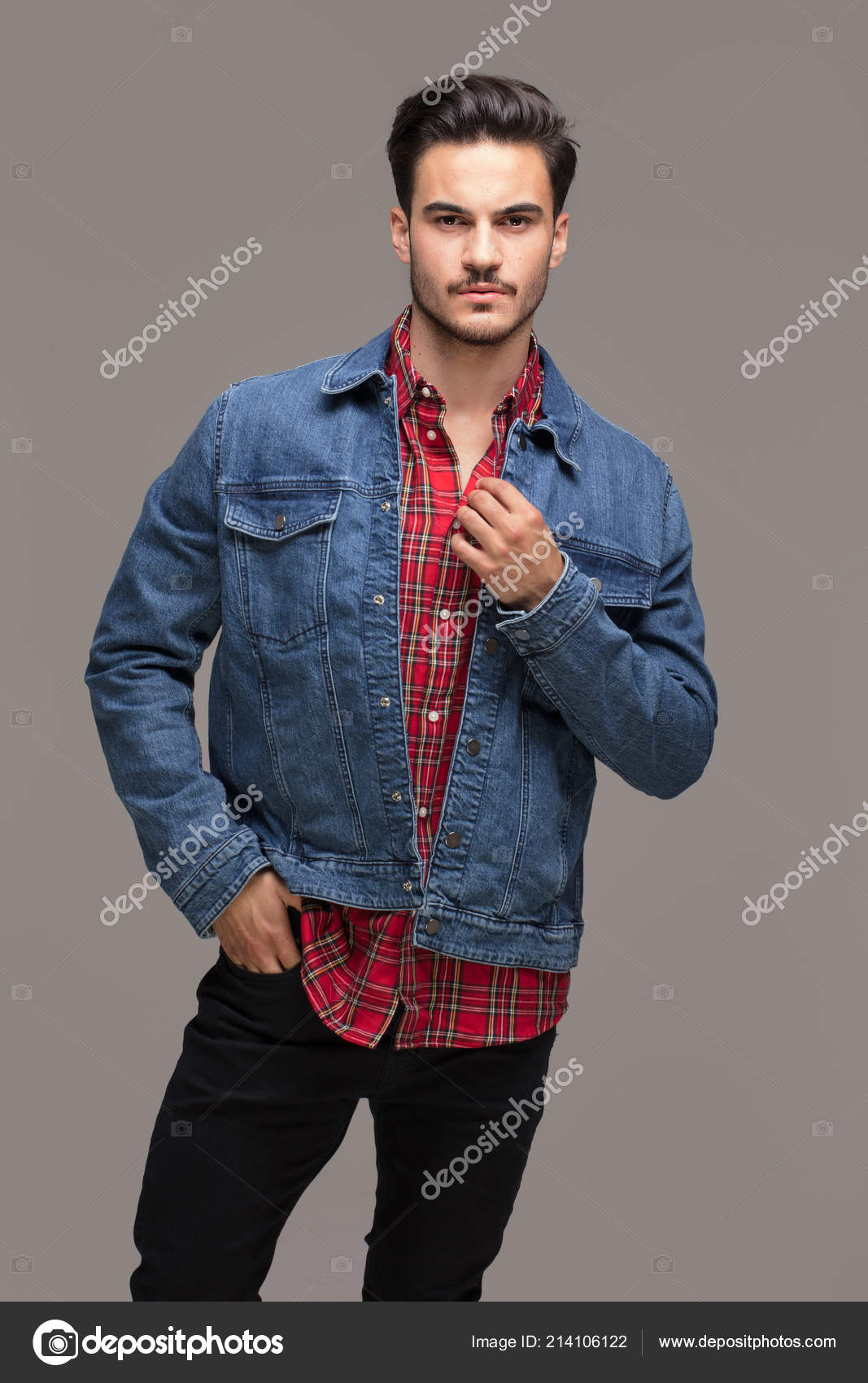 Handsome Man Posing Fashionable Jeans Jacket Studio Indoors Stock Photo by  ©NeonShot 214106122