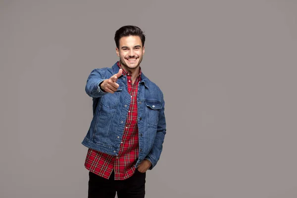 Handsome Man Posing Fashionable Jeans Jacket Studio Indoors — Stock Photo, Image