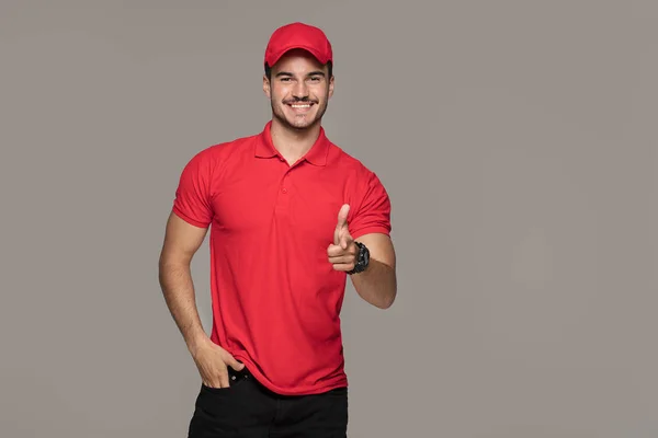 Delivery Concept Smiling Caucasian Courier Man Posing Studio Background — Stock Photo, Image
