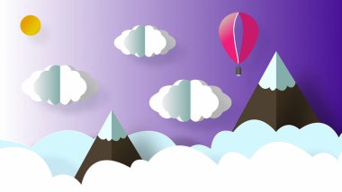 Kağıt Sanat origami, kar, bulutlar, Güneş ve uçan balon ile dağların güzel manzara.