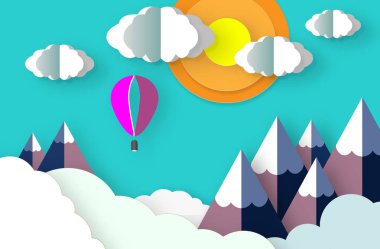 Kağıt Sanat origami, kar, bulutlar, Güneş ve uçan balon ile dağların güzel manzara.