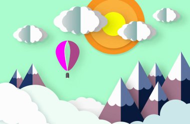 Kağıt Sanat origami, kar, bulutlar, Güneş ve uçan balon ile dağların güzel manzara.