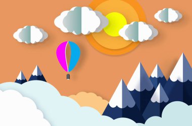 Kağıt Sanat origami, kar, bulutlar, Güneş ve uçan balon ile dağların güzel manzara.  