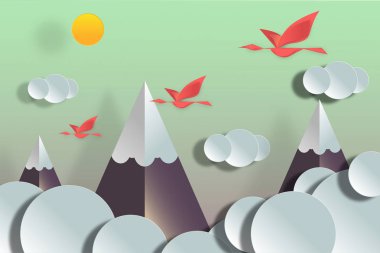 Kağıt Sanat origami, kar, bulutlar, Güneş ve uçan ile dağların güzel manzara.