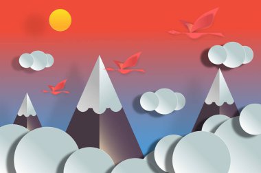 Kağıt Sanat origami, kar, bulutlar, Güneş ve uçan ile dağların güzel manzara.