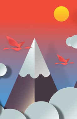 Kağıt Sanat origami, kar, bulutlar, Güneş ve uçan ile dağların güzel manzara.