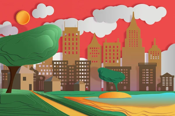 Stadsgezicht Met Wolkenkrabbers Wolken Zon Bomen Moderne Vectorillustratie — Stockfoto