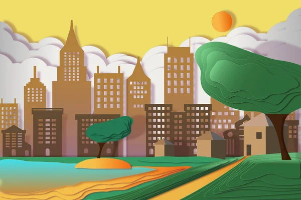 Αστικό Τοπίο Ουρανοξύστες Σύννεφα Ήλιος Και Δέντρα Σύγχρονη Διανυσματικά Εικονογράφηση — Φωτογραφία Αρχείου