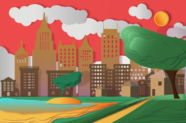 Stadsgezicht Met Wolkenkrabbers Wolken Zon Bomen Moderne Vectorillustratie — Stockfoto