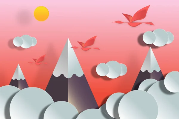 Kağıt Sanat origami, kar, bulutlar, Güneş ve uçan ile dağların güzel manzara.
