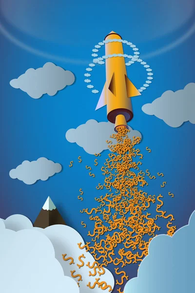 Vector of rocket launch with dollar signs. Rocket ship in a flat style. Clouds.