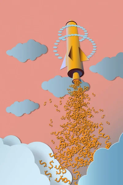Vector of rocket launch with dollar signs. Rocket ship in a flat style. Clouds.