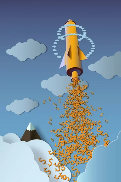 Vector of rocket launch with dollar signs. Rocket ship in a flat style. Clouds.