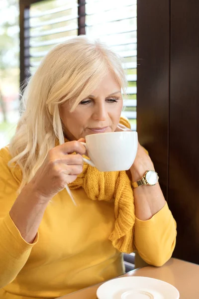 Snygg Vacker Senior Kvinna Poserar Inomhus Med Mugg Kaffe Äldre — Stockfoto